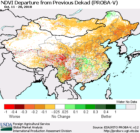 China, Mongolia and Taiwan NDVI Departure from Previous Dekad (PROBA-V) Thematic Map For 10/11/2018 - 10/20/2018