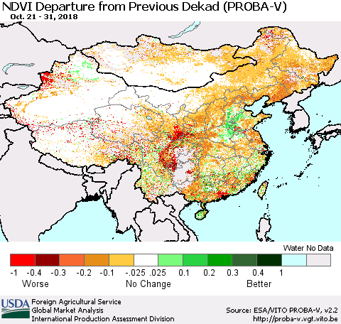 China, Mongolia and Taiwan NDVI Departure from Previous Dekad (PROBA-V) Thematic Map For 10/21/2018 - 10/31/2018