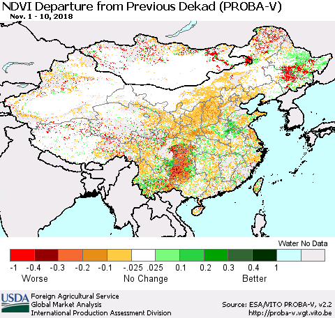 China, Mongolia and Taiwan NDVI Departure from Previous Dekad (PROBA-V) Thematic Map For 11/1/2018 - 11/10/2018