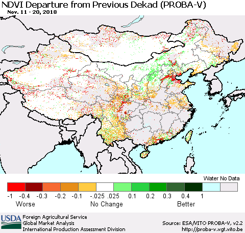 China, Mongolia and Taiwan NDVI Departure from Previous Dekad (PROBA-V) Thematic Map For 11/11/2018 - 11/20/2018