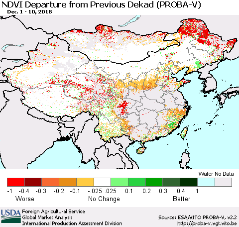 China, Mongolia and Taiwan NDVI Departure from Previous Dekad (PROBA-V) Thematic Map For 12/1/2018 - 12/10/2018