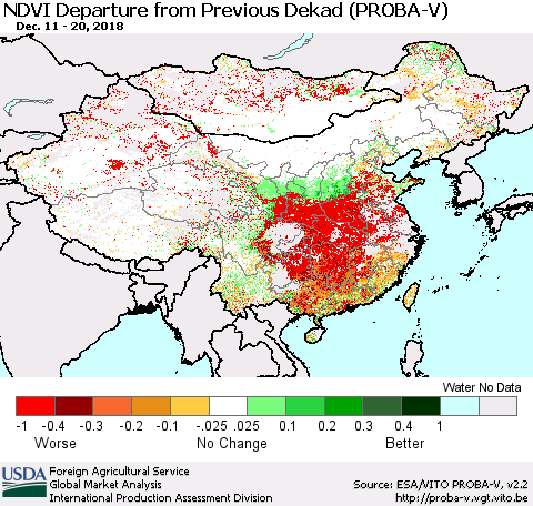 China, Mongolia and Taiwan NDVI Departure from Previous Dekad (PROBA-V) Thematic Map For 12/11/2018 - 12/20/2018