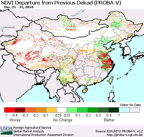 China, Mongolia and Taiwan NDVI Departure from Previous Dekad (PROBA-V) Thematic Map For 12/21/2018 - 12/31/2018