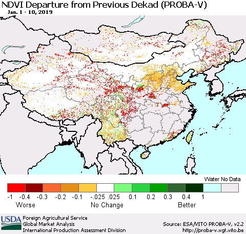 China, Mongolia and Taiwan NDVI Departure from Previous Dekad (PROBA-V) Thematic Map For 1/1/2019 - 1/10/2019