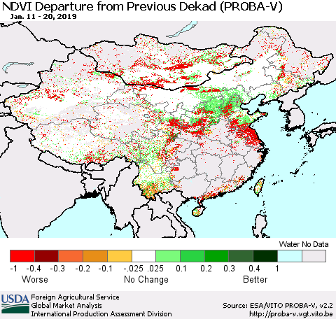 China, Mongolia and Taiwan NDVI Departure from Previous Dekad (PROBA-V) Thematic Map For 1/11/2019 - 1/20/2019