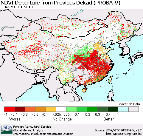 China, Mongolia and Taiwan NDVI Departure from Previous Dekad (PROBA-V) Thematic Map For 1/21/2019 - 1/31/2019
