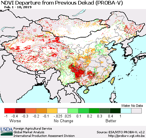 China, Mongolia and Taiwan NDVI Departure from Previous Dekad (PROBA-V) Thematic Map For 2/1/2019 - 2/10/2019