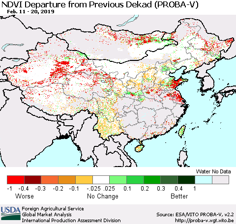 China, Mongolia and Taiwan NDVI Departure from Previous Dekad (PROBA-V) Thematic Map For 2/11/2019 - 2/20/2019