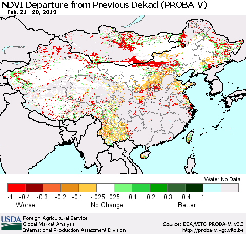 China, Mongolia and Taiwan NDVI Departure from Previous Dekad (PROBA-V) Thematic Map For 2/21/2019 - 2/28/2019