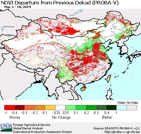 China, Mongolia and Taiwan NDVI Departure from Previous Dekad (PROBA-V) Thematic Map For 3/1/2019 - 3/10/2019