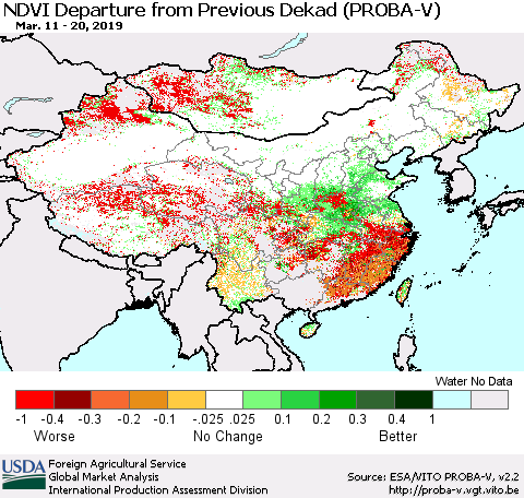 China, Mongolia and Taiwan NDVI Departure from Previous Dekad (PROBA-V) Thematic Map For 3/11/2019 - 3/20/2019