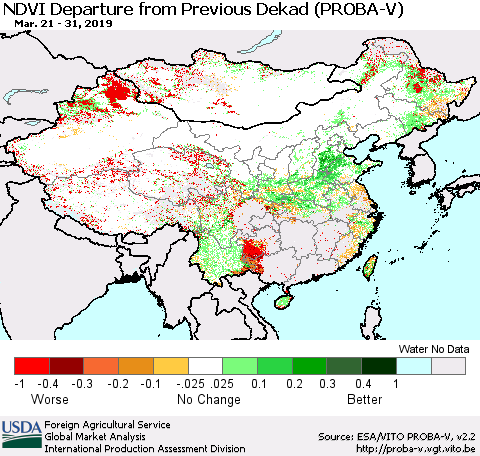 China, Mongolia and Taiwan NDVI Departure from Previous Dekad (PROBA-V) Thematic Map For 3/21/2019 - 3/31/2019