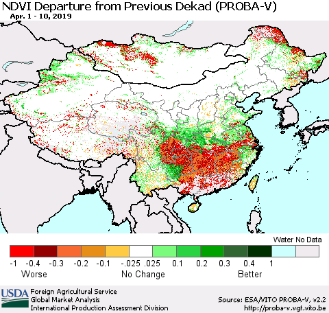 China, Mongolia and Taiwan NDVI Departure from Previous Dekad (PROBA-V) Thematic Map For 4/1/2019 - 4/10/2019