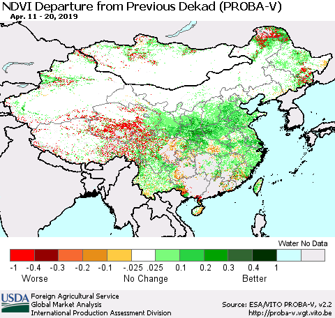 China, Mongolia and Taiwan NDVI Departure from Previous Dekad (PROBA-V) Thematic Map For 4/11/2019 - 4/20/2019