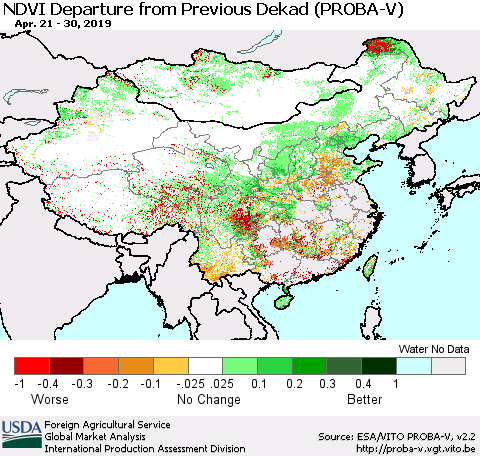 China, Mongolia and Taiwan NDVI Departure from Previous Dekad (PROBA-V) Thematic Map For 4/21/2019 - 4/30/2019