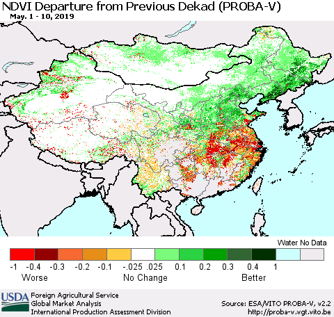 China, Mongolia and Taiwan NDVI Departure from Previous Dekad (PROBA-V) Thematic Map For 5/1/2019 - 5/10/2019