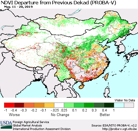 China, Mongolia and Taiwan NDVI Departure from Previous Dekad (PROBA-V) Thematic Map For 5/11/2019 - 5/20/2019
