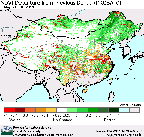 China, Mongolia and Taiwan NDVI Departure from Previous Dekad (PROBA-V) Thematic Map For 5/21/2019 - 5/31/2019