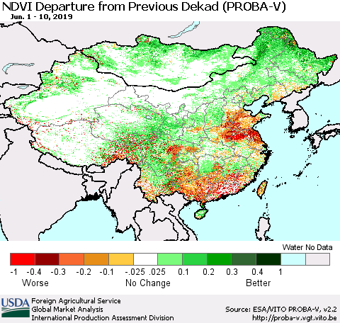 China, Mongolia and Taiwan NDVI Departure from Previous Dekad (PROBA-V) Thematic Map For 6/1/2019 - 6/10/2019