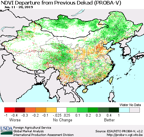 China, Mongolia and Taiwan NDVI Departure from Previous Dekad (PROBA-V) Thematic Map For 6/11/2019 - 6/20/2019