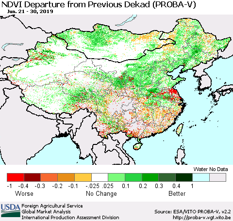 China, Mongolia and Taiwan NDVI Departure from Previous Dekad (PROBA-V) Thematic Map For 6/21/2019 - 6/30/2019