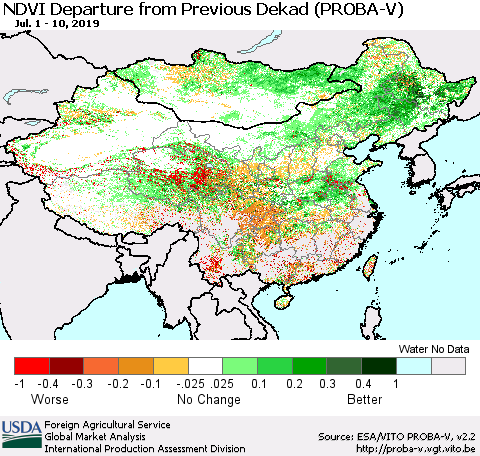 China, Mongolia and Taiwan NDVI Departure from Previous Dekad (PROBA-V) Thematic Map For 7/1/2019 - 7/10/2019