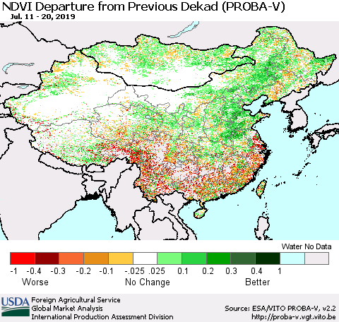 China, Mongolia and Taiwan NDVI Departure from Previous Dekad (PROBA-V) Thematic Map For 7/11/2019 - 7/20/2019