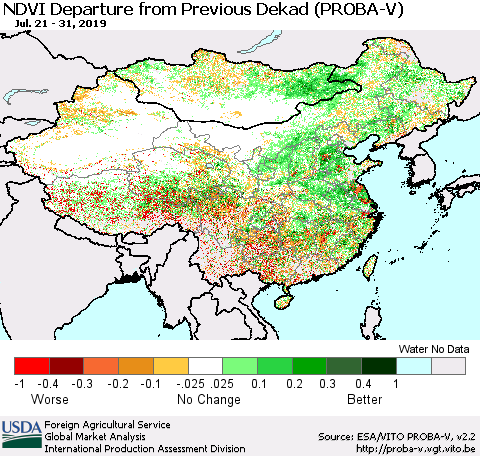 China, Mongolia and Taiwan NDVI Departure from Previous Dekad (PROBA-V) Thematic Map For 7/21/2019 - 7/31/2019