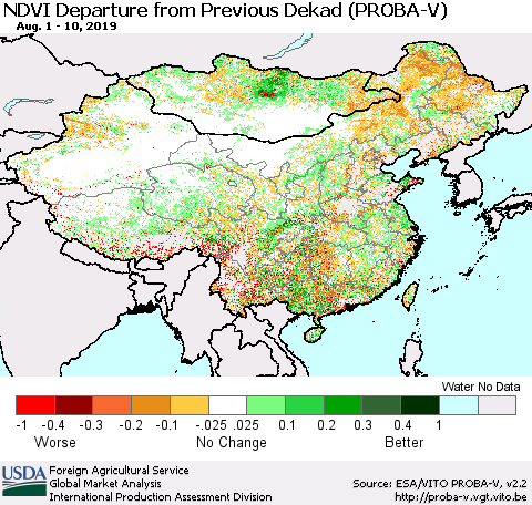 China, Mongolia and Taiwan NDVI Departure from Previous Dekad (PROBA-V) Thematic Map For 8/1/2019 - 8/10/2019