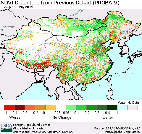 China, Mongolia and Taiwan NDVI Departure from Previous Dekad (PROBA-V) Thematic Map For 8/11/2019 - 8/20/2019