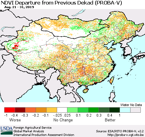 China, Mongolia and Taiwan NDVI Departure from Previous Dekad (PROBA-V) Thematic Map For 8/21/2019 - 8/31/2019