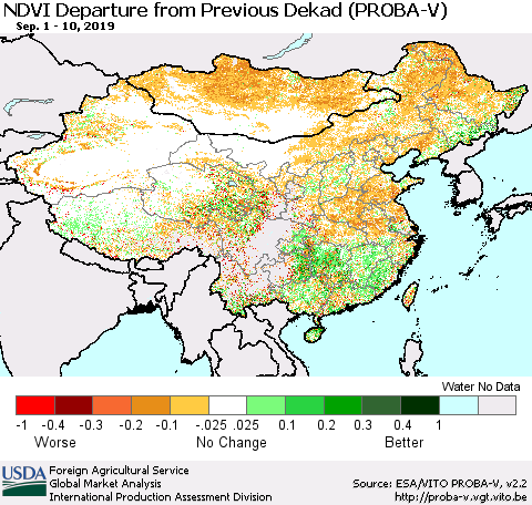 China, Mongolia and Taiwan NDVI Departure from Previous Dekad (PROBA-V) Thematic Map For 9/1/2019 - 9/10/2019