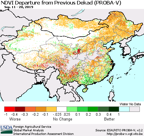 China, Mongolia and Taiwan NDVI Departure from Previous Dekad (PROBA-V) Thematic Map For 9/11/2019 - 9/20/2019