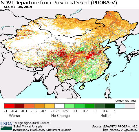 China, Mongolia and Taiwan NDVI Departure from Previous Dekad (PROBA-V) Thematic Map For 9/21/2019 - 9/30/2019