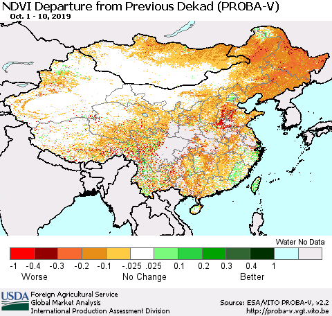 China, Mongolia and Taiwan NDVI Departure from Previous Dekad (PROBA-V) Thematic Map For 10/1/2019 - 10/10/2019