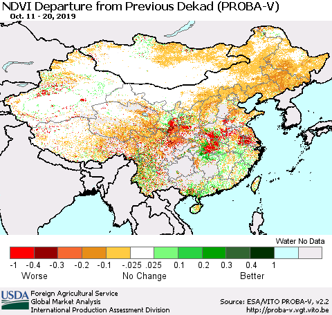 China, Mongolia and Taiwan NDVI Departure from Previous Dekad (PROBA-V) Thematic Map For 10/11/2019 - 10/20/2019