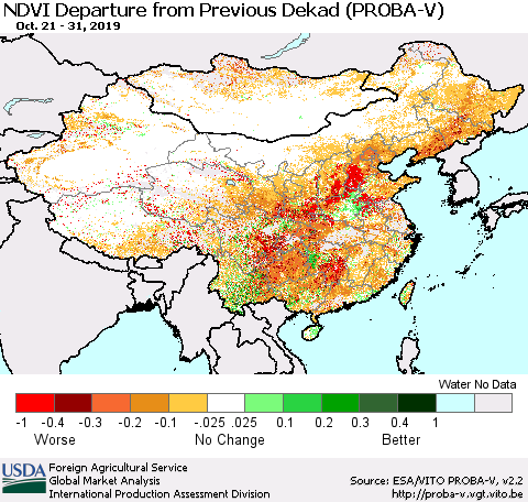 China, Mongolia and Taiwan NDVI Departure from Previous Dekad (PROBA-V) Thematic Map For 10/21/2019 - 10/31/2019