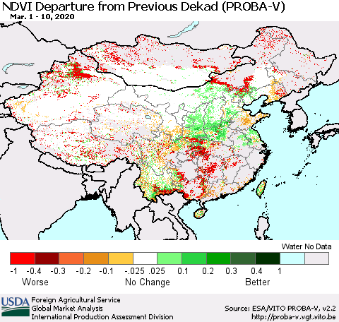 China, Mongolia and Taiwan NDVI Departure from Previous Dekad (PROBA-V) Thematic Map For 3/1/2020 - 3/10/2020