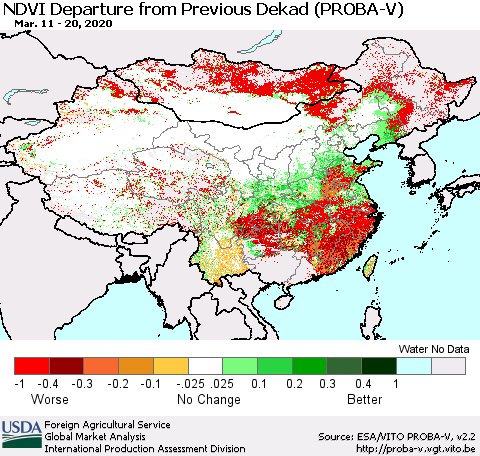 China, Mongolia and Taiwan NDVI Departure from Previous Dekad (PROBA-V) Thematic Map For 3/11/2020 - 3/20/2020