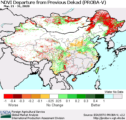 China, Mongolia and Taiwan NDVI Departure from Previous Dekad (PROBA-V) Thematic Map For 3/21/2020 - 3/31/2020