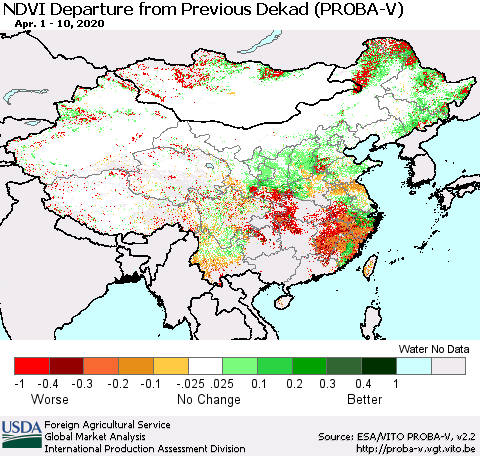 China, Mongolia and Taiwan NDVI Departure from Previous Dekad (PROBA-V) Thematic Map For 4/1/2020 - 4/10/2020