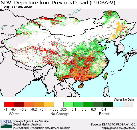 China, Mongolia and Taiwan NDVI Departure from Previous Dekad (PROBA-V) Thematic Map For 4/11/2020 - 4/20/2020