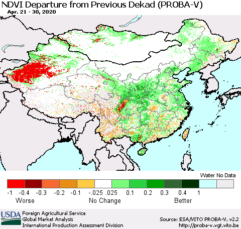 China, Mongolia and Taiwan NDVI Departure from Previous Dekad (PROBA-V) Thematic Map For 4/21/2020 - 4/30/2020