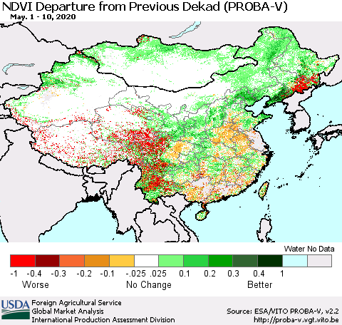 China, Mongolia and Taiwan NDVI Departure from Previous Dekad (PROBA-V) Thematic Map For 5/1/2020 - 5/10/2020