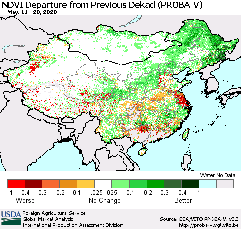 China, Mongolia and Taiwan NDVI Departure from Previous Dekad (PROBA-V) Thematic Map For 5/11/2020 - 5/20/2020