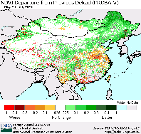 China, Mongolia and Taiwan NDVI Departure from Previous Dekad (PROBA-V) Thematic Map For 5/21/2020 - 5/31/2020