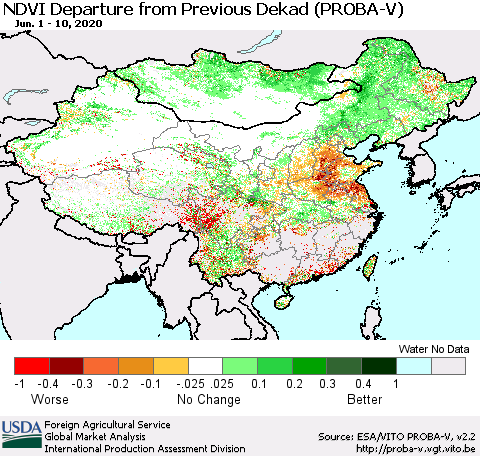 China, Mongolia and Taiwan NDVI Departure from Previous Dekad (PROBA-V) Thematic Map For 6/1/2020 - 6/10/2020