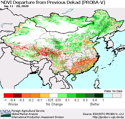 China, Mongolia and Taiwan NDVI Departure from Previous Dekad (PROBA-V) Thematic Map For 6/11/2020 - 6/20/2020
