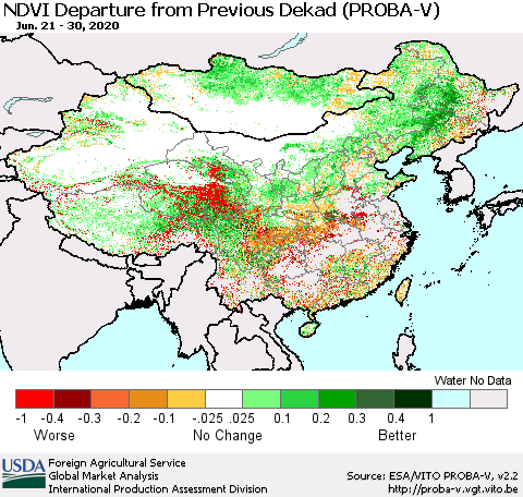 China, Mongolia and Taiwan NDVI Departure from Previous Dekad (PROBA-V) Thematic Map For 6/21/2020 - 6/30/2020