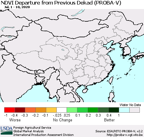 China, Mongolia and Taiwan NDVI Departure from Previous Dekad (PROBA-V) Thematic Map For 7/1/2020 - 7/10/2020